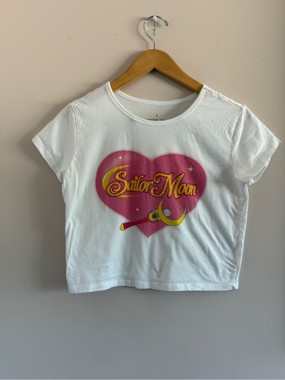 Sailor Moon White Crop Top with Pink Heart Graphic